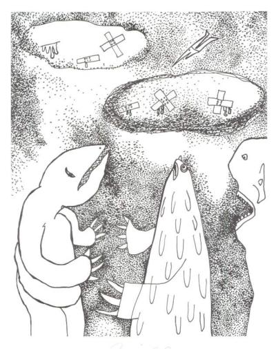 Pegaba 
      las nubes con curita (junto con su hijo Rami) - 1995 - Tinta  - A4